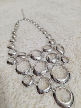 Sculptural Silver Statement Bib Necklace Chunky Organic Circle Links OS